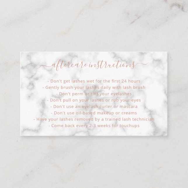 Elegant Simple Rose Gold Marble Lashes Aftercare Business Card (Front)