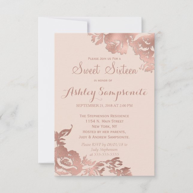 Elegant Simple Rose Gold Pink Floral Sweet 16 Invitation (Front)