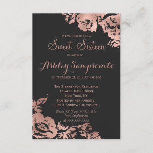 Elegant Simple Rose Gold Pink Floral Sweet 16 Invitation