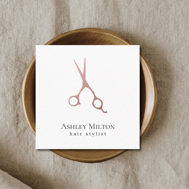 Elegant Simple Rose Gold Scissors Hair Stylist Square Business Card (Creator Uploaded)