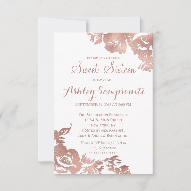 Elegant Simple Rose Gold White Floral Sweet 16 Invitation (Front)