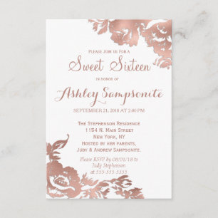 Elegant Simple Rose Gold White Floral Sweet 16 Invitation