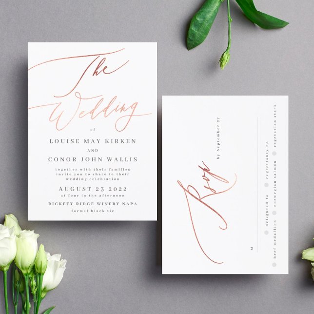 Elegant Simple Rose Gold with Rsvp on back Wedding Invitation (Creator Uploaded)