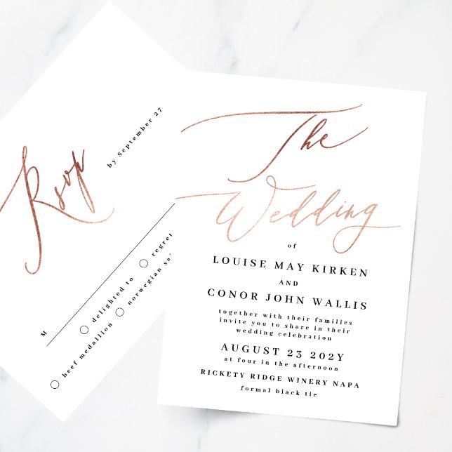 Elegant Simple Rose Gold with Rsvp on back Wedding Invitation (Creator Uploaded)