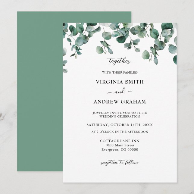 Elegant Simple Rustic Eucalyptus  Greenery Wedding Invitation (Front/Back)