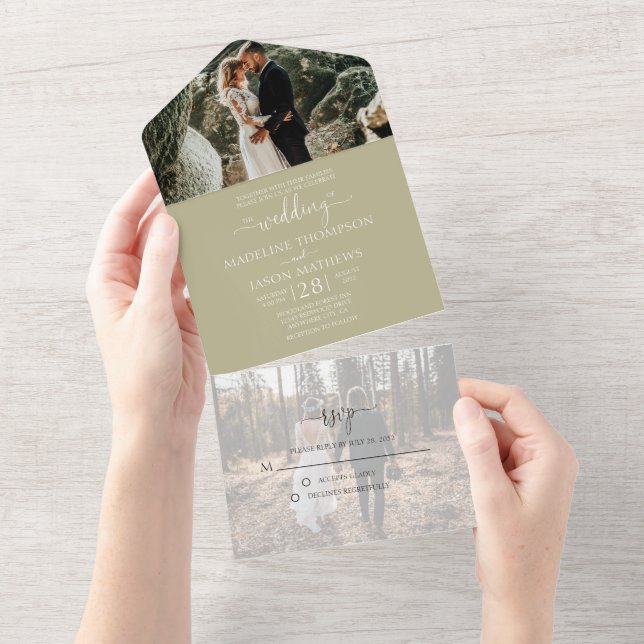 Elegant Simple Sage Green 2 Photo RSVP Wedding All In One Invitation (Tearaway)