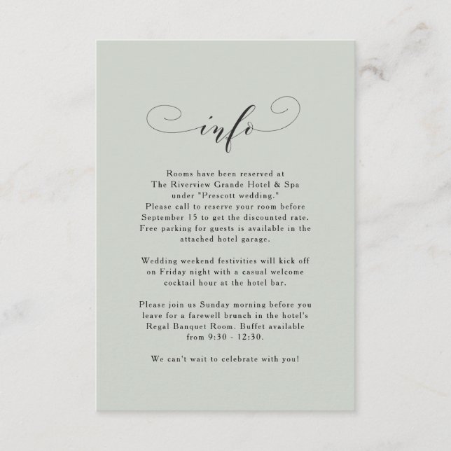 Elegant simple sage green wedding information card (Front)