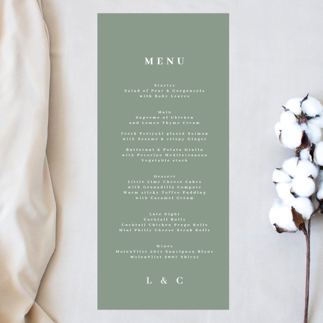 Elegant Simple Sage Green White Monogram Menu (Creator Uploaded)