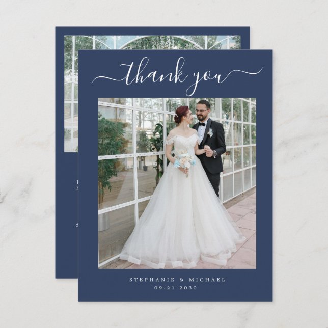 Elegant Simple Script 2 Photo Wedding Blue Thank You Card (Front/Back)