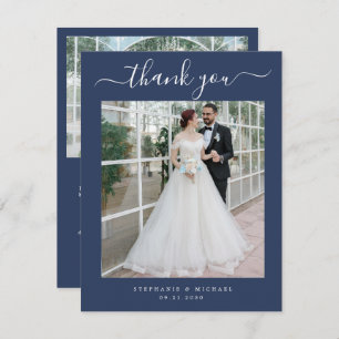 Elegant Simple Script 2 Photo Wedding Blue Thank You Card