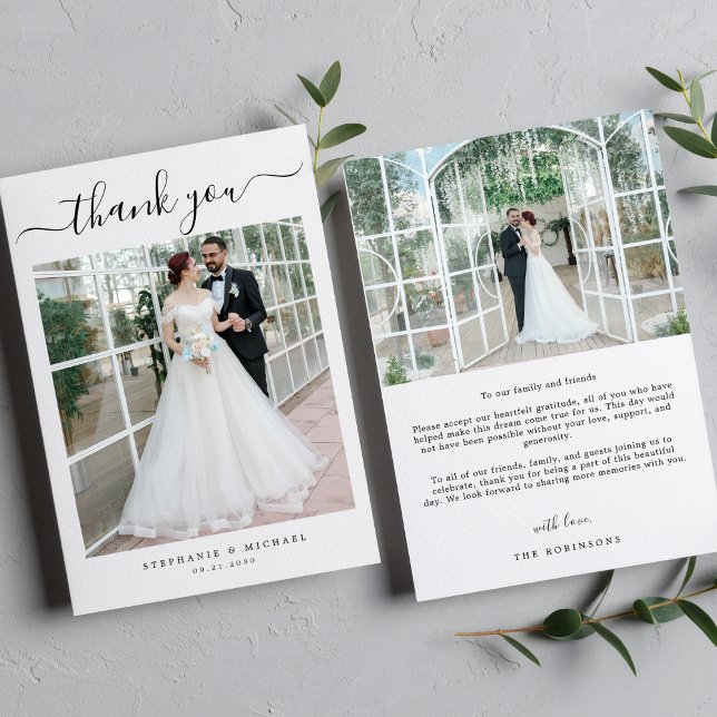 Elegant Simple Script 2 Photo Wedding  Thank You Card (Creator Uploaded)