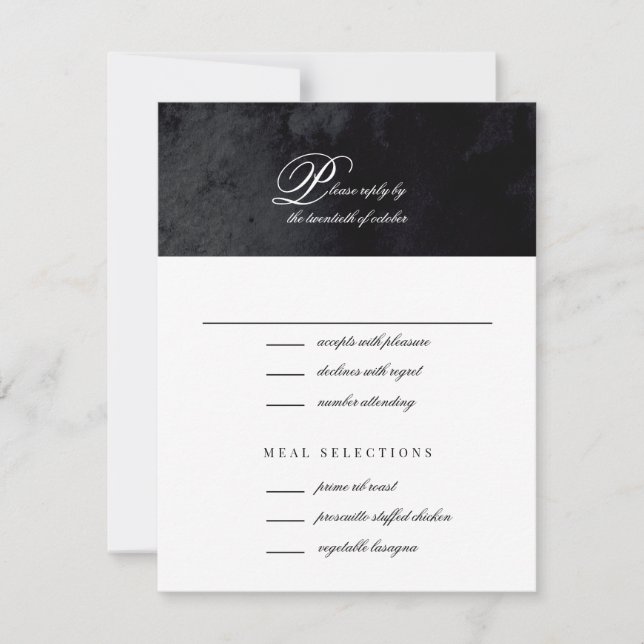 Elegant Simple Script Black Goth Wedding RSVP Card (Front)