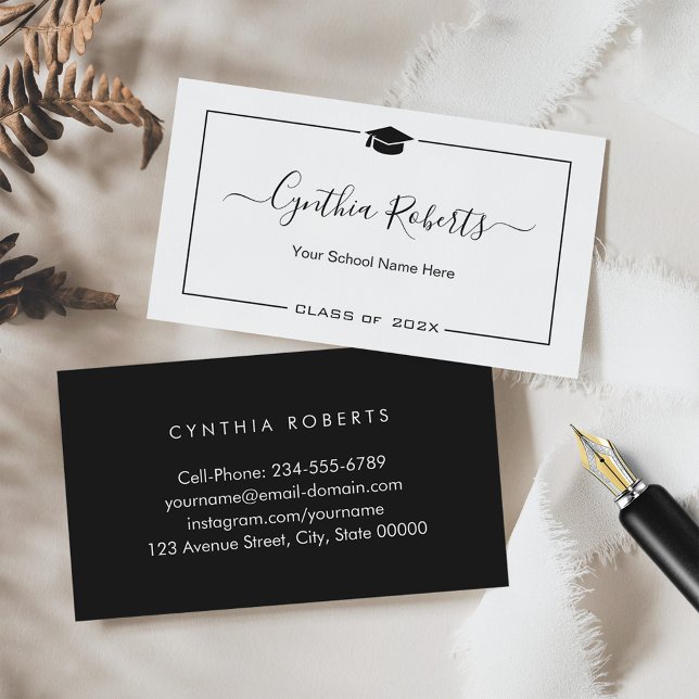 Elegant Simple Script Black White Graduation Business Card (Creator Uploaded)