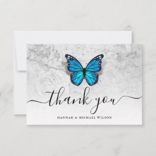 Elegant Simple Script Blue Butterfly Thank You Card
