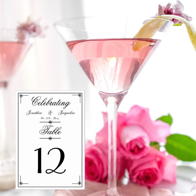 Elegant Simple Script Personalised Names Table Number (Simple elegant script, personalized names, chic white wedding table numbers.)