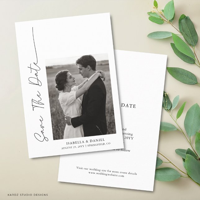Elegant Simple Script Photo Wedding Save The Date (Front and back of card are shown in 3.5 x 5 inches. Choose size, paper and corner style.)