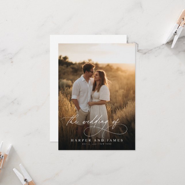 Elegant Simple Script QR Code Photo Budget Wedding Invitation (Front/Back In Situ)