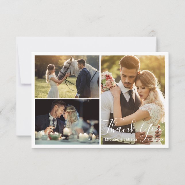 elegant simple script wedding 3 photos  thank you card (Front)