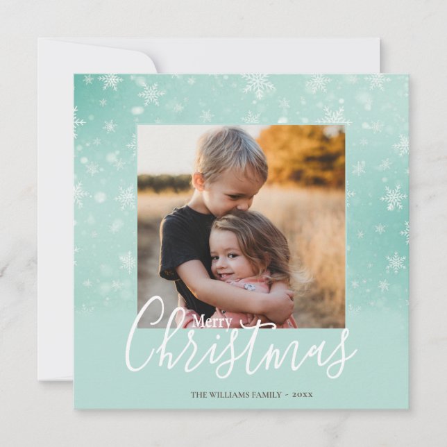 Elegant Simple Snowy Green Merry Christmas Photo Holiday Card (Front)
