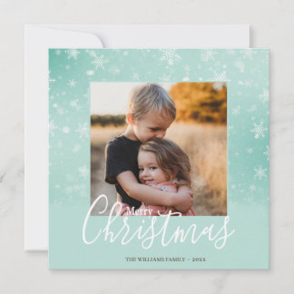 Elegant Simple Snowy Green Merry Christmas Photo Holiday Card