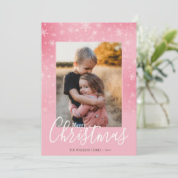 Elegant Simple Snowy Pink Merry Christmas Photo Holiday Card