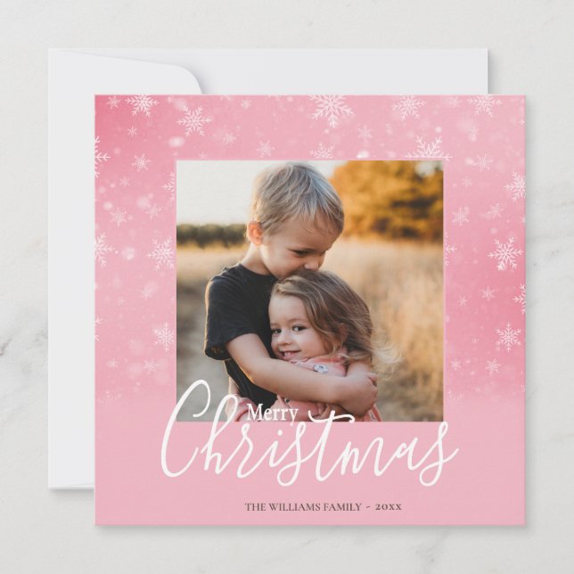 Elegant Simple Snowy Pink Merry Christmas Photo Holiday Card (Front)