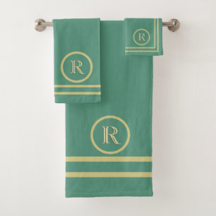 Elegant Simple Sophisticated Green Gold Monogram   Bath Towel Set
