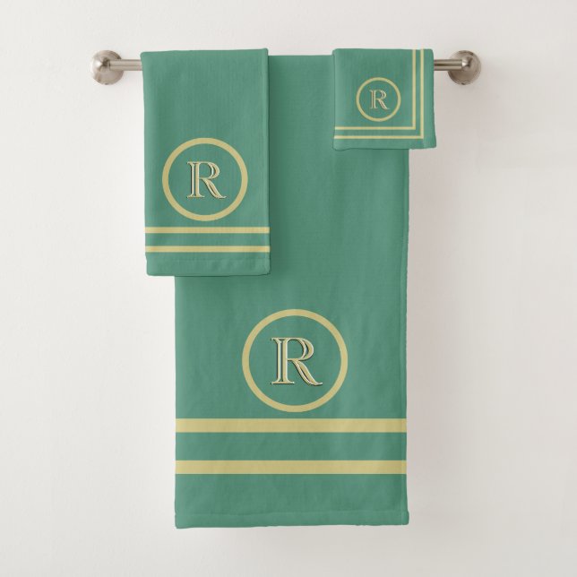 Elegant Simple Sophisticated Green Gold Monogram   Bath Towel Set (Insitu)