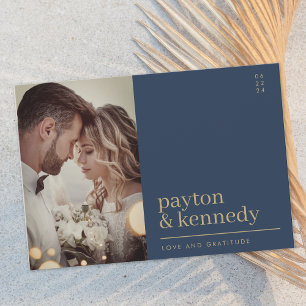 Elegant Simple Stylish Navy Blue and Gold Photo Thank You Card