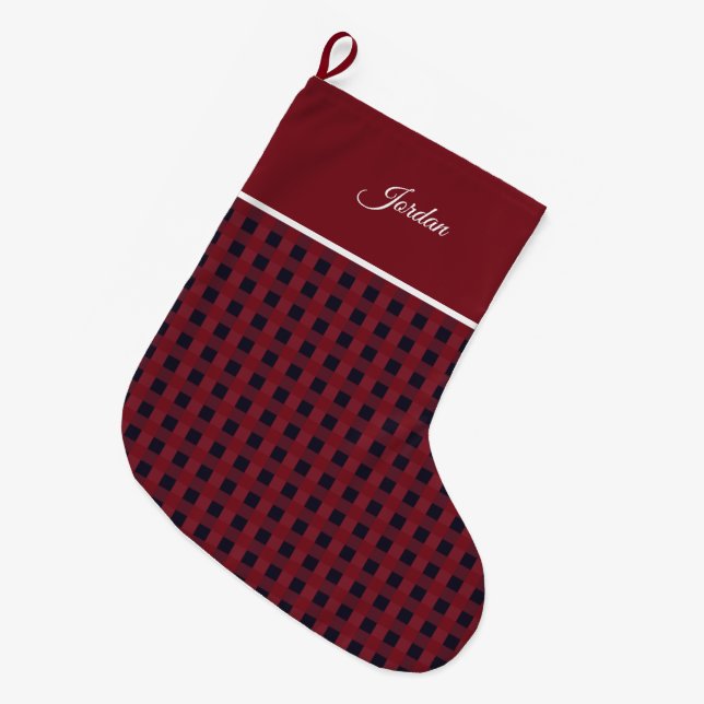Elegant Simple Stylish Red Navy Gingham Name Large Christmas Stocking (Front (Hanging))