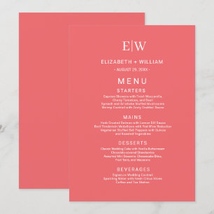 Elegant Simple Sunset Coral with Monogram Wedding Menu