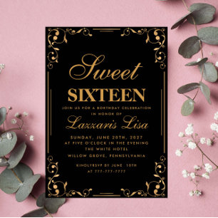Elegant Simple Sweet Sixteen 16 Black Birthday  Invitation