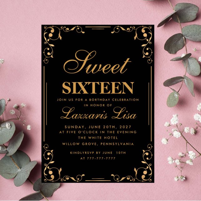 Elegant Simple Sweet Sixteen 16 Black Birthday  Invitation (Creator Uploaded)