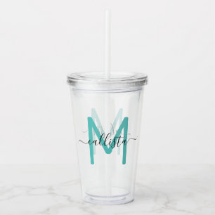 Elegant Simple Teal Green Black Monogram Acrylic Tumbler