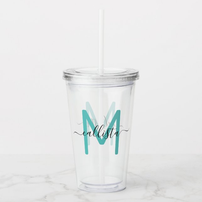 Elegant Simple Teal Green Black Monogram Acrylic Tumbler (Front)