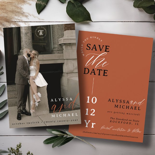 Elegant Simple Terracotta Rust Photo Wedding Save The Date (Elegant modern photo typography inline simple wedding save the date, black, white, terracotta, rust)
