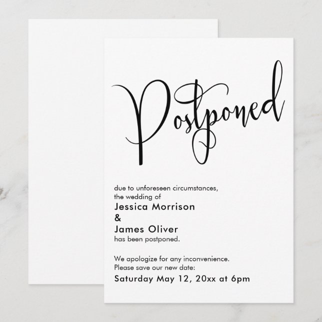 Elegant Simple Update Postponed Wedding Card (Front/Back)
