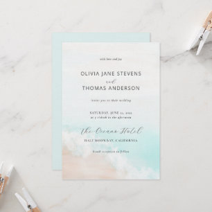 Elegant Simple Watercolor Beach All in One Wedding Invitation