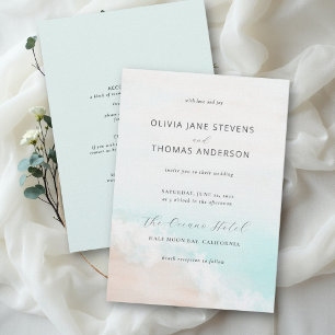 Elegant Simple Watercolor Beach All in One Wedding Invitation