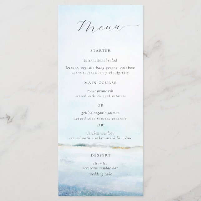 Elegant Simple Watercolor Beach Coastal Wedding Menu (Front)
