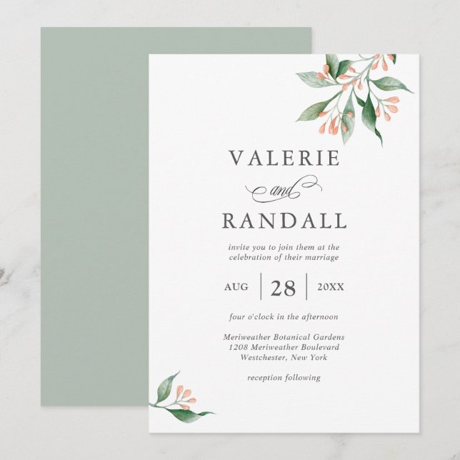 Elegant Simple Watercolor Botanical Wedding Invitation (Front/Back)