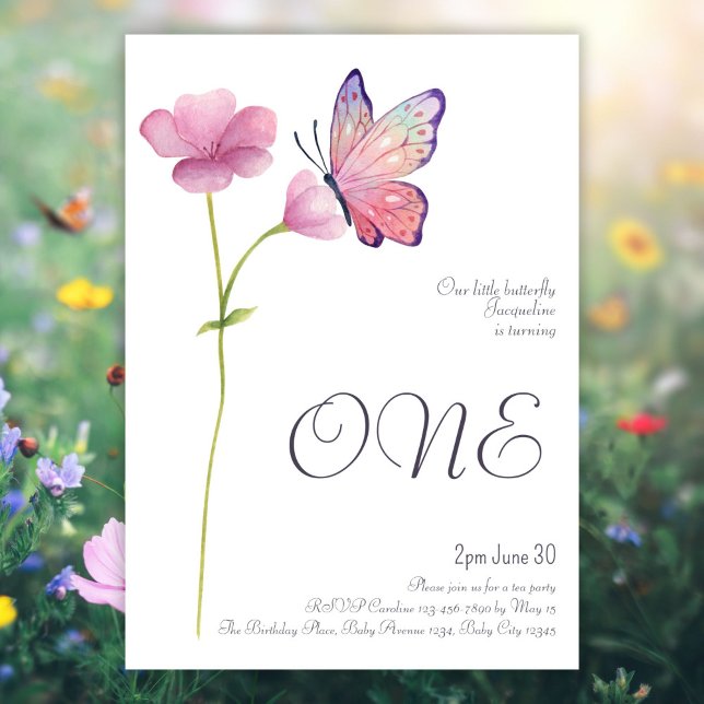 Elegant Simple Watercolor Butterfly 1st Birthday  Invitation (Creator Uploaded)