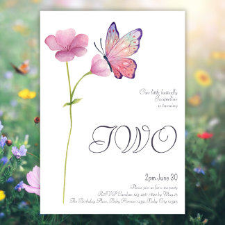 Elegant Simple Watercolor Butterfly 2nd Birthday Invitation