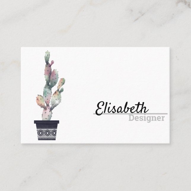 Elegant Simple Watercolor Cactus Script Boho Pots Business Card (Front)