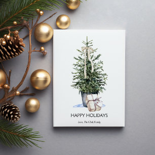 Elegant Simple Watercolor Christmas Tree Flat Holiday Card