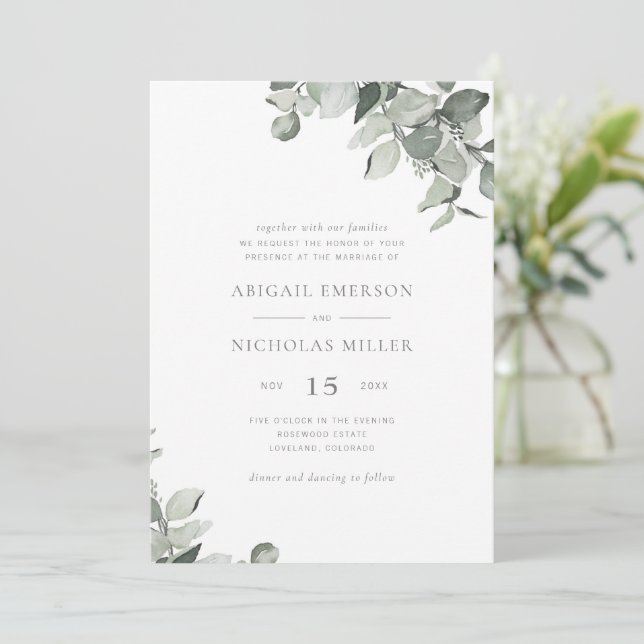 Elegant Simple Watercolor Eucalyptus Wedding Invit Invitation (Standing Front)