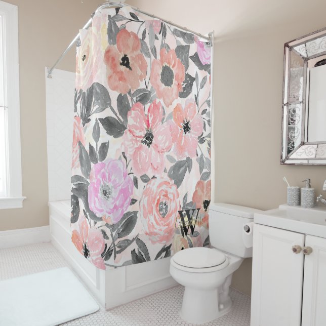 Elegant simple watercolor floral shower curtain (In Situ)