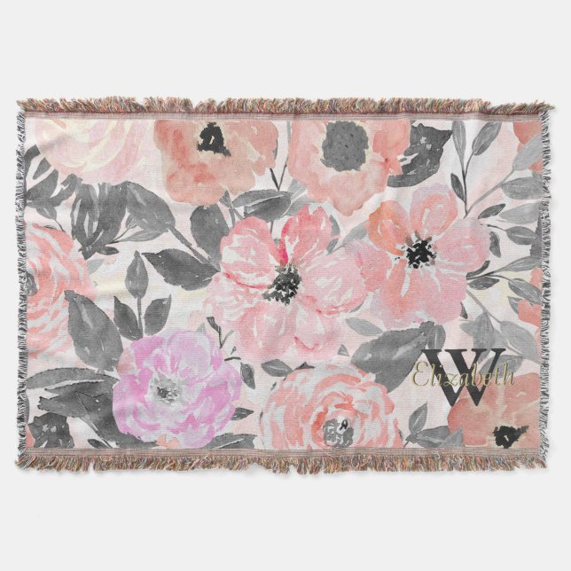 Elegant simple watercolor floral throw blanket (Front)
