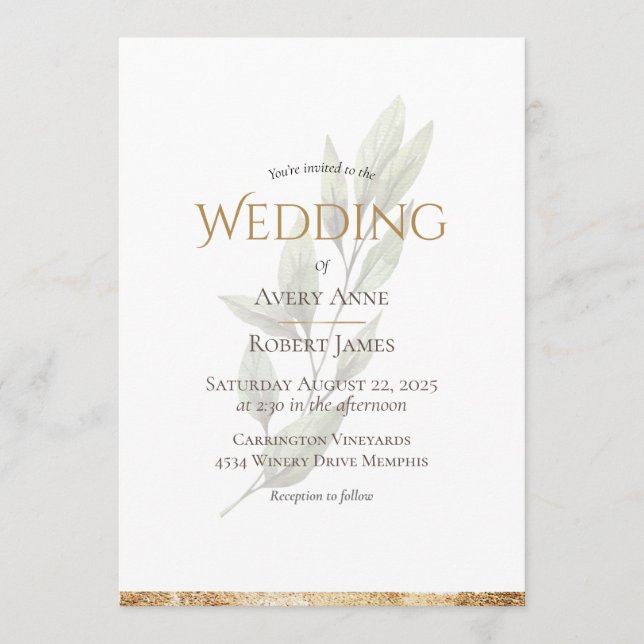 Elegant Simple Watercolor Greenery Gold Wedding Invitation (Front)
