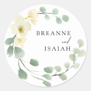 Elegant Simple Watercolor Greenery Wedding   Classic Round Sticker